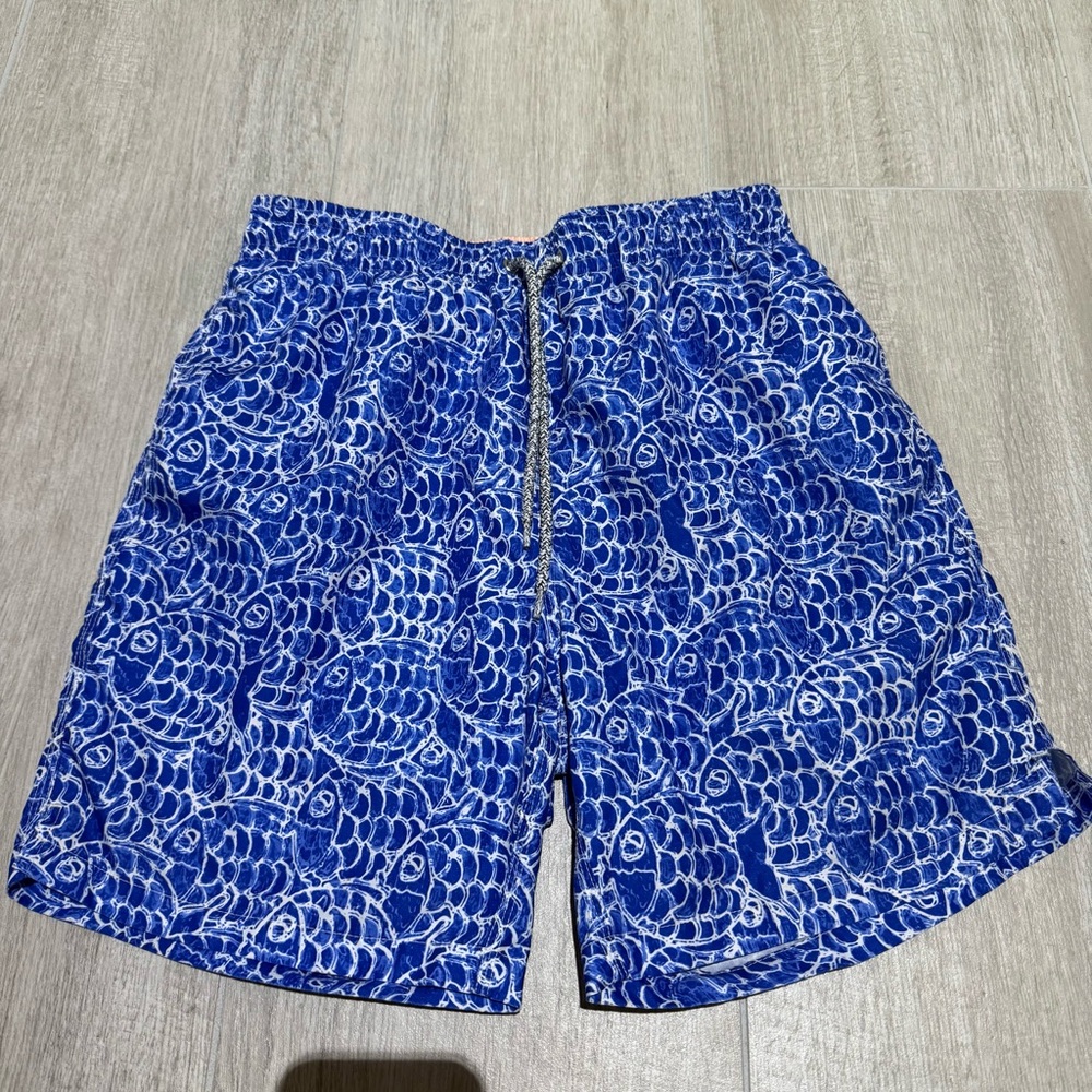Michaels Blue and White fish design swim trunks size small